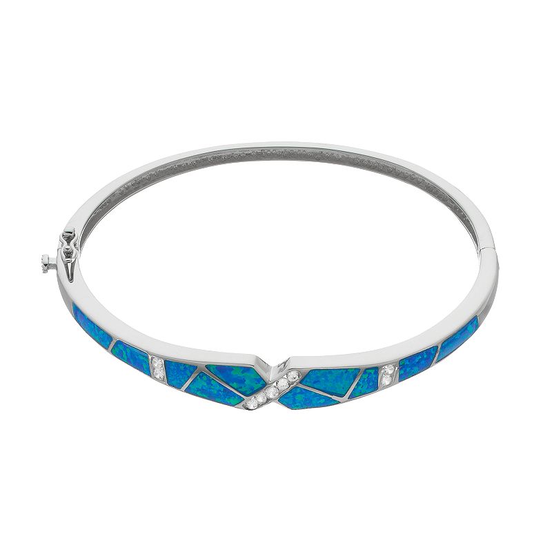 Sterling Silver Lab-Created Blue Opal Bangle Bracelet, Womens, Size: 7.5