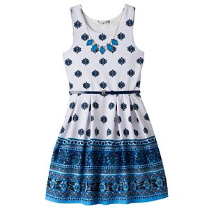 Girls 7-16 Knitworks Patterned Border Textured Skater Dress with Necklace