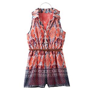 Girls 7-16 Knitworks Lace Back Patterned Belted Romper with Necklace