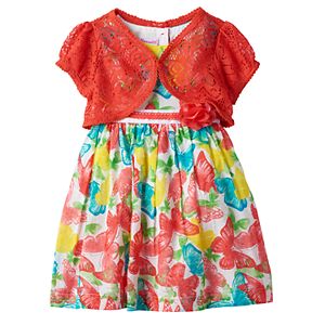 Toddler Girl Nannette Short Sleeve Crochet Lace Shrug & Swiss Dot Butterfly Dress