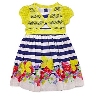 Toddler Girl Nannette Lace Cardigan & Poplin Striped Flower Dress