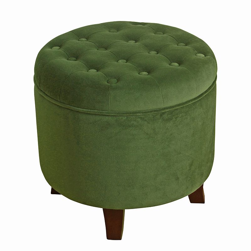 Button Tufted Velvet Upholstered Wooden Ottoman with Hidden Storage Green and Brown- Saltoro Sherpi