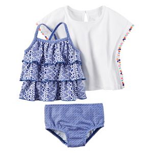 Baby Girl Carter's Tiered Tankini, Print Bikini Bottoms & Gauze Cover-Up Set