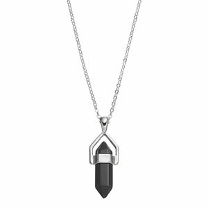 Healing Stone Silver Plated Vertical Black Agate Crystal Pendant Necklace