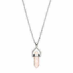 Healing Stone Silver Plated Vertical Rose Quartz Crystal Pendant Necklace
