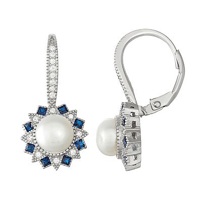 Sterling Silver Cultured Pearl, CZ and Blue Spinel Flower Pendant