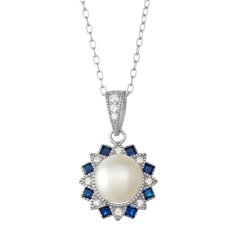 Sterling Silver Freshwater Cultured Pearl & Lab-Created Blue Spinel Flower
