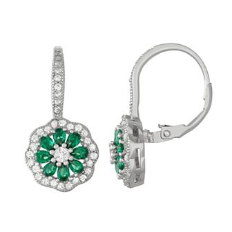Sterling Silver Lab-Created Green Spinel & Cubic Zirconia Flower Drop Earrings