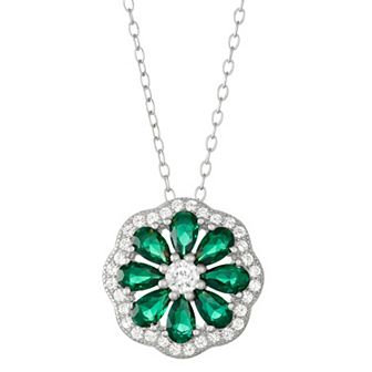 Sterling Silver Lab-Created Green Spinel & White Sapphire Flower Pendant
