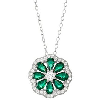 Sterling Silver Lab-Created Green Spinel & White Sapphire Flower Pendant