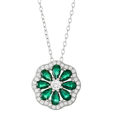 Sterling Silver Lab-Created Green Spinel White Sapphire Flower