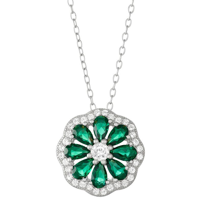 Sterling Silver Lab-Created Green Spinel & White Sapphire Flower Pendant, 
