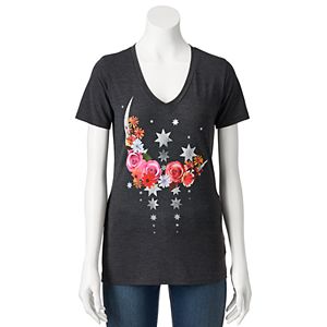 Juniors' Floral Moon V-Neck Graphic Tee