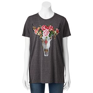 Juniors' Floral Cow Skull Graphic Tee