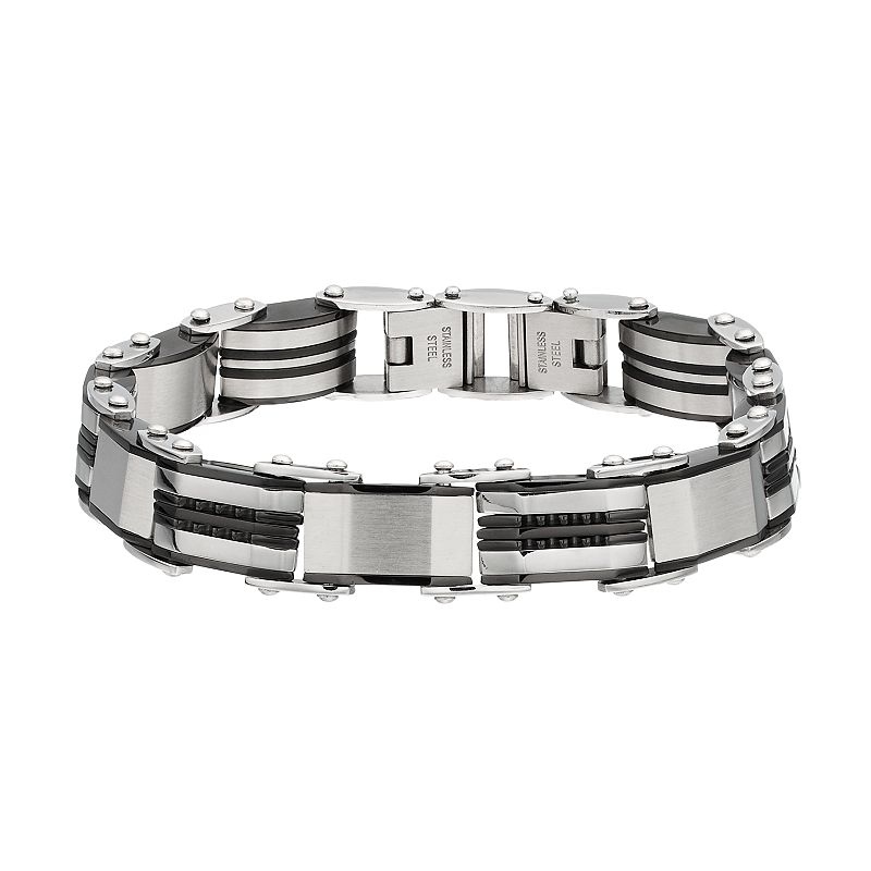 Two Tone Stainless Steel Reversible Mens Bracelet, Size: 8.5, Silver