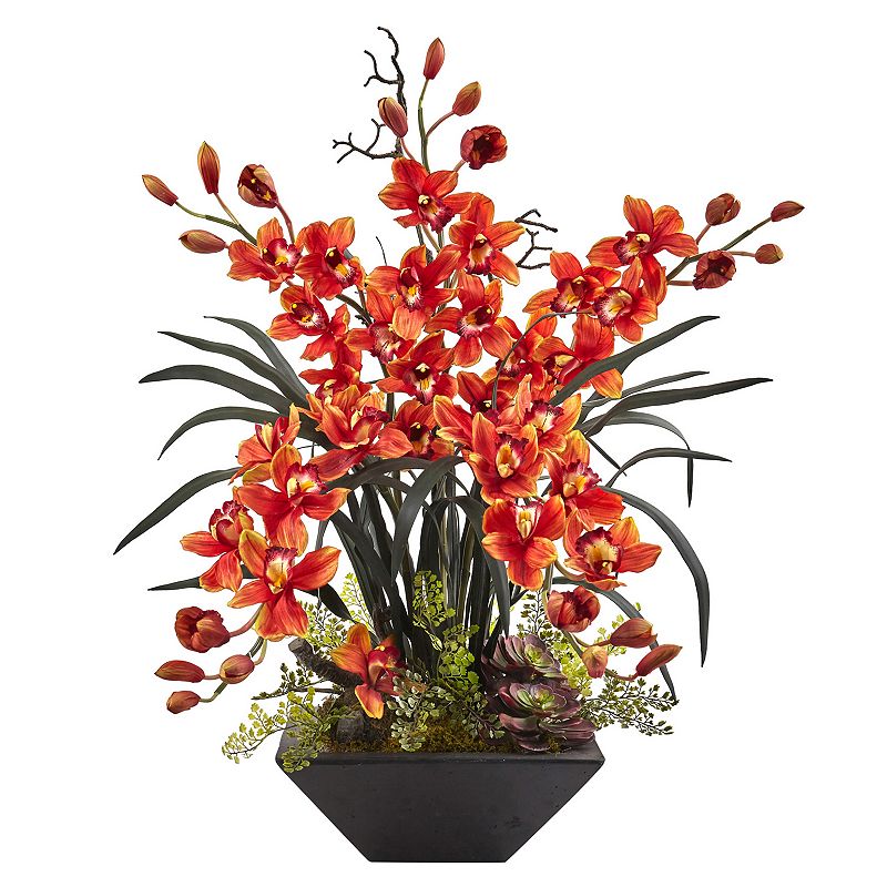 nearly natural Cymbidium Orchid Silk Artificial Floral Arrangement, Red