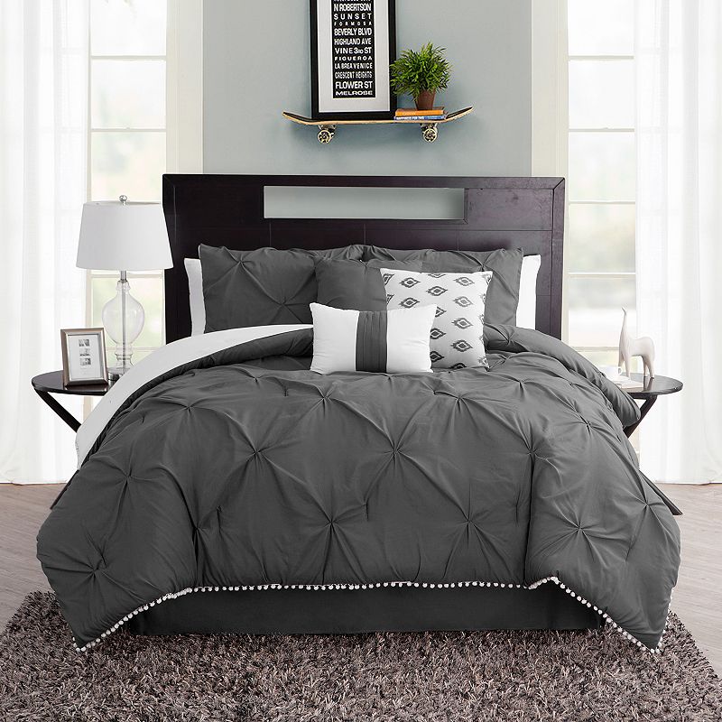Pom-Pom Comforter Set, Grey, Twin