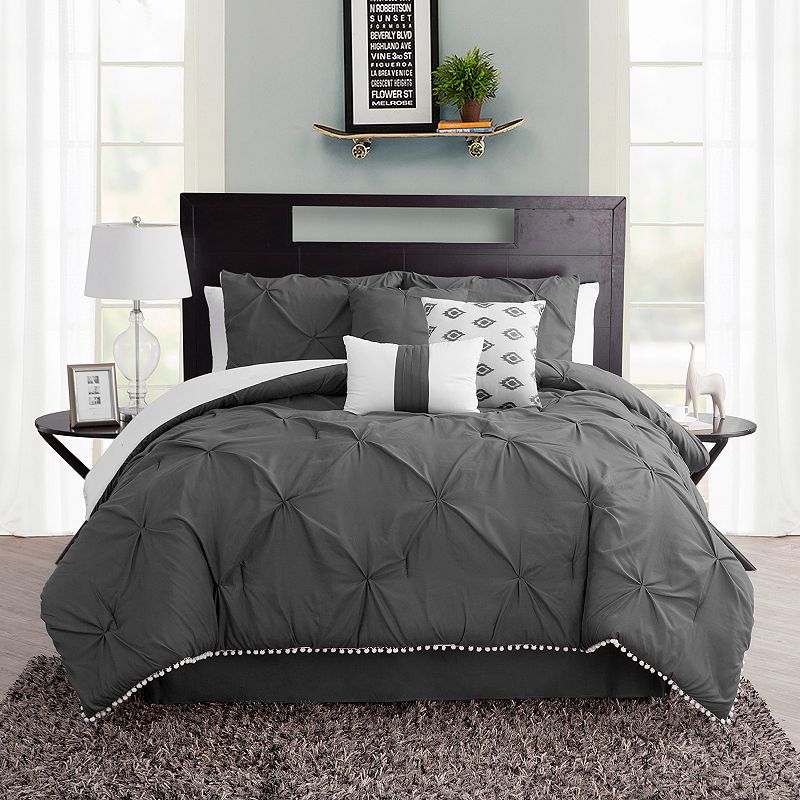 Pom-Pom Comforter Set, Grey, Cal King