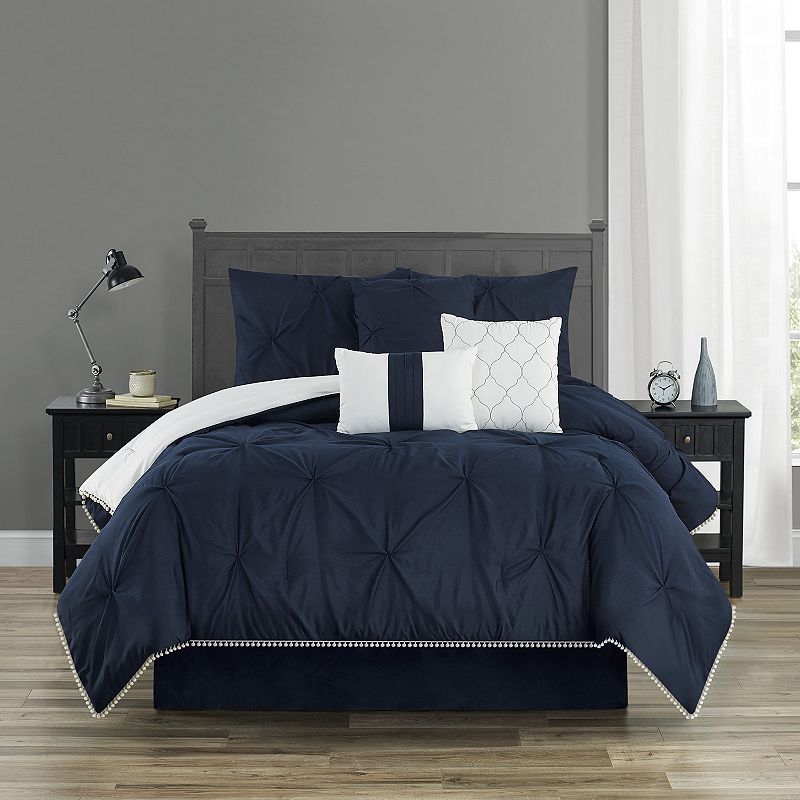 Pom-Pom Comforter Set, Blue, Queen