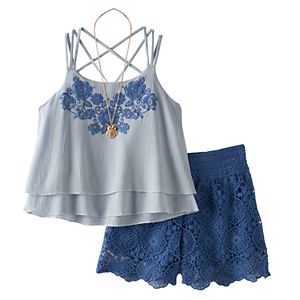 Girls 7-16 Knitworks Tiered Embroidered Top & Shorts Set with Necklace