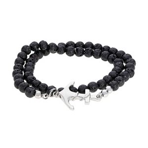 LYNX Men's Stainless Steel Black Lava Bead Anchor Wrap Bracelet