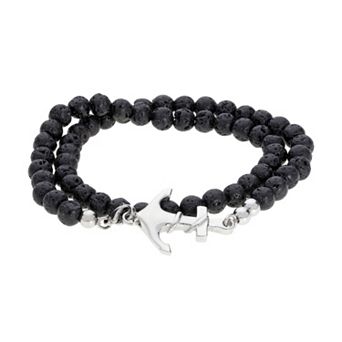 LYNX Men's Stainless Steel Black Lava Bead Anchor Wrap Bracelet