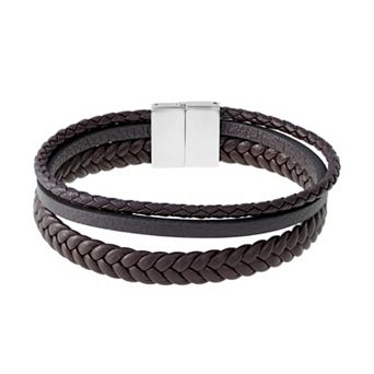 LYNX Men's Stainless Steel & Braided Brown Leather Bracelet