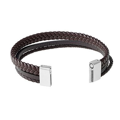 LYNX Men's Stainless Steel & Braided Brown Leather Bracelet