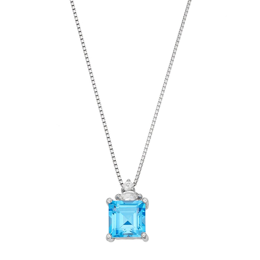 Gemminded Sterling Silver Blue & White Topaz Square Pendant Necklace