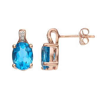 Gemminded 14k Rose Gold Over Silver Blue Topaz & Diamond Accent Oval Stud Earrings