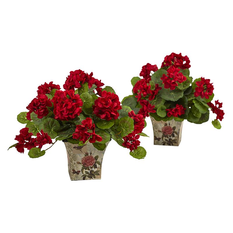 nearly natural 11-in. Artificial Geranium Flowering Silk Plant 2-piece Set,