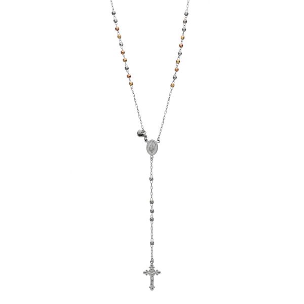 Tri Tone Sterling Silver Rosary Necklace