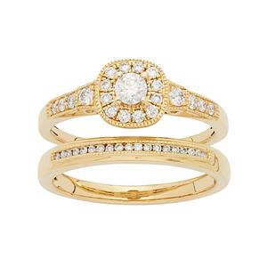 14k Gold 1/2 Carat T.W. IGL Certified Diamond Cushion Halo Engagement Ring Set