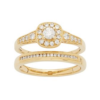 The Regal Collection 14k Gold 1/2 Carat T.W. IGL Certified Diamond Cushion Halo Engagement Ring Set