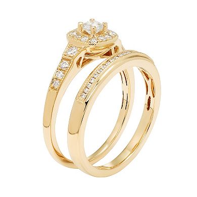 14k Gold 1/2 Carat T.W. IGL Certified Diamond Cushion Halo Engagement Ring Set