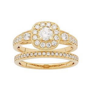 14k Gold 1 Carat T.W. IGL Certified Diamond Cushion Halo Engagement Ring Set