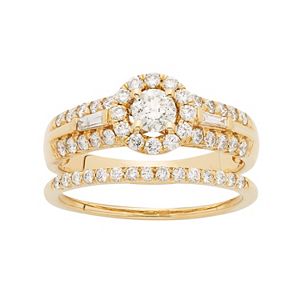 14k Gold 1 Carat T.W. IGL Certified Diamond Halo Engagement Ring Set