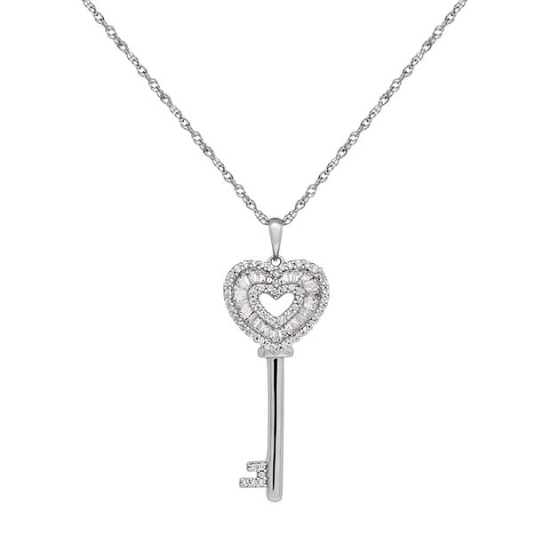 Silver Signity CZ Heart Key Necklace