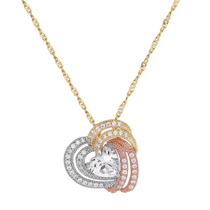 Emotions Tri Tone 18k Gold Over Silver Cubic Zirconia Woven Heart Pendant,