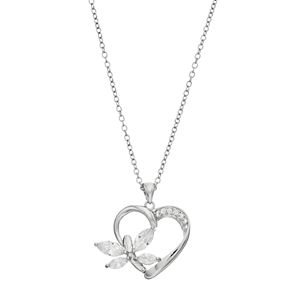 Silver Plated Cubic Zirconia Butterfly Heart Pendant Necklace