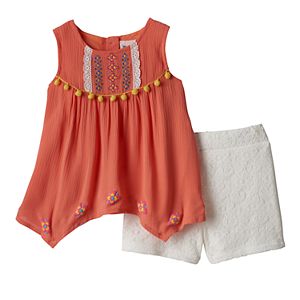 Baby Girl Little Lass Embroidered Gauze Tank Top & Lace Shorts Set