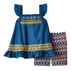 Baby Girl Little Lass Embroidered Chambray Tunic & Tribal Bike Shorts Set