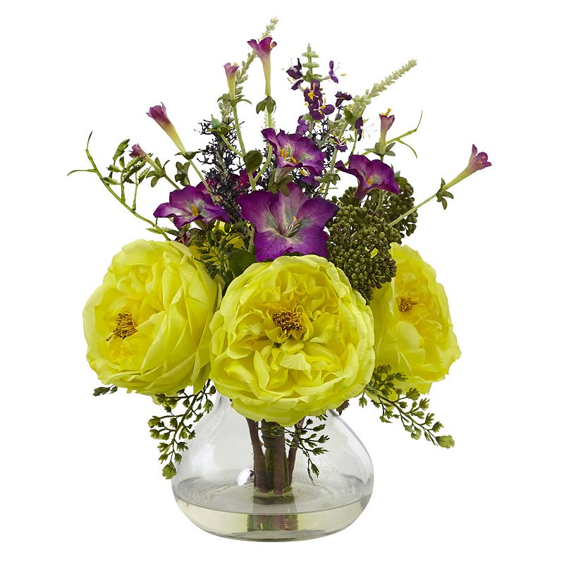 nearly natural Artificial Rose & Morning Glory Arrangement, Yellow Give your table top or entryway a stunning focal point with this nearly natural artificial rose and morning glory arrangement. Vase completes look Faux water design 14.5''H x 9.5''W x 9.5''D Acrylic, plastic, metal Wipe clean Imported MODEL NUMBERS White: 1413-WH Yellow: 1413-YL  Size: One Size. Gender: unisex. Age Group: adult.