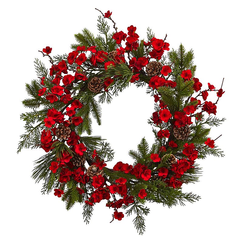 nearly natural Artificial Plum Blossom Pine Wreath, Red