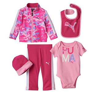 Baby Girl PUMA Camouflage Jacket, Striped Pants, Graphic Bodysuit, Bib & Hat Set