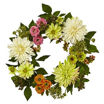 nearly natural Artificial Dahlia & Mum Floral Wreath