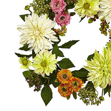 nearly natural Artificial Dahlia & Mum Floral Wreath