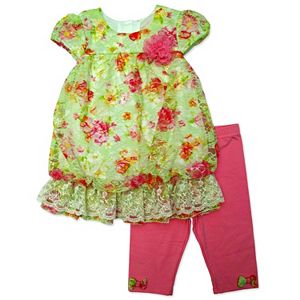 Baby Girl Nannette Lace Bubble-Hem Top & Capri Leggings Set