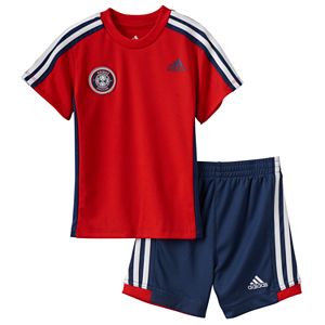 Toddler Boy adidas Logo Patch Tee & Striped Shorts Set