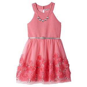Girls 7-16 Knitworks Coral Soutache Flower Border Skater Dress